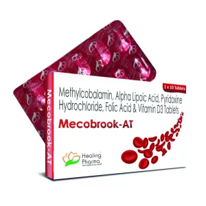 METHYLCOBALAMIN IP 1500 MCG + ALPHALIPOIC?ACID 100MG + PYRIDOXI0NE HCL 3MG + FOLIC? ACID 1.5MG + VITAMIN D3 1000IU (Mecobrook AT) - 10 Tablets